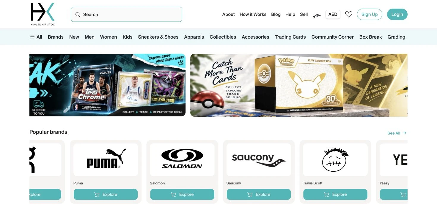 Screenshot of the House of Stox homepage, showing its navigation, marketplace banners and popular brands
